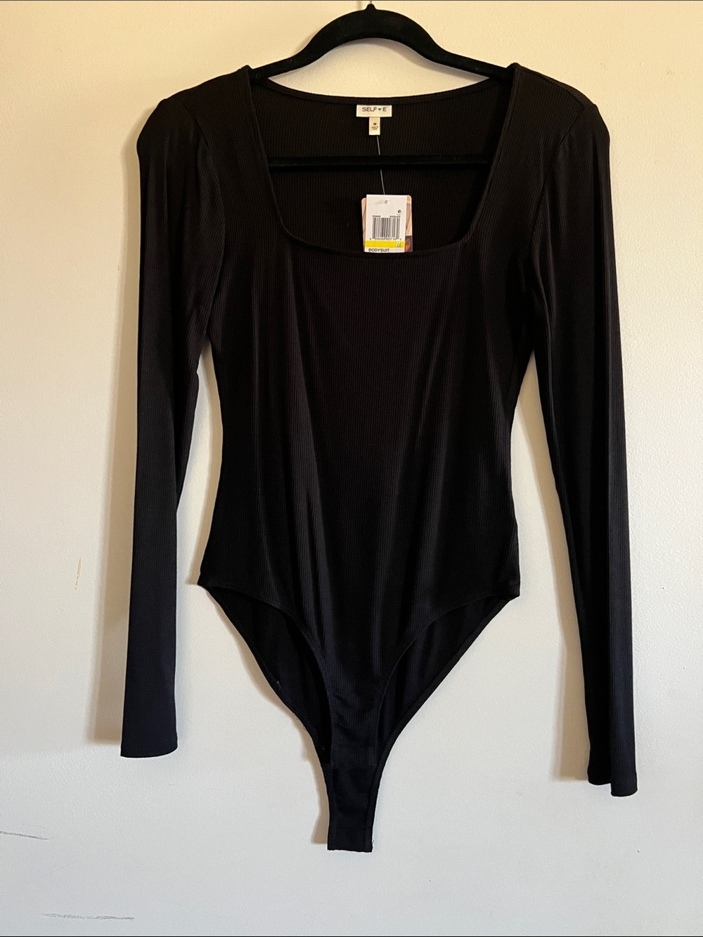 SILKYF Black Long-Sleeve Ribbed Scoop-Neck Bodysuit